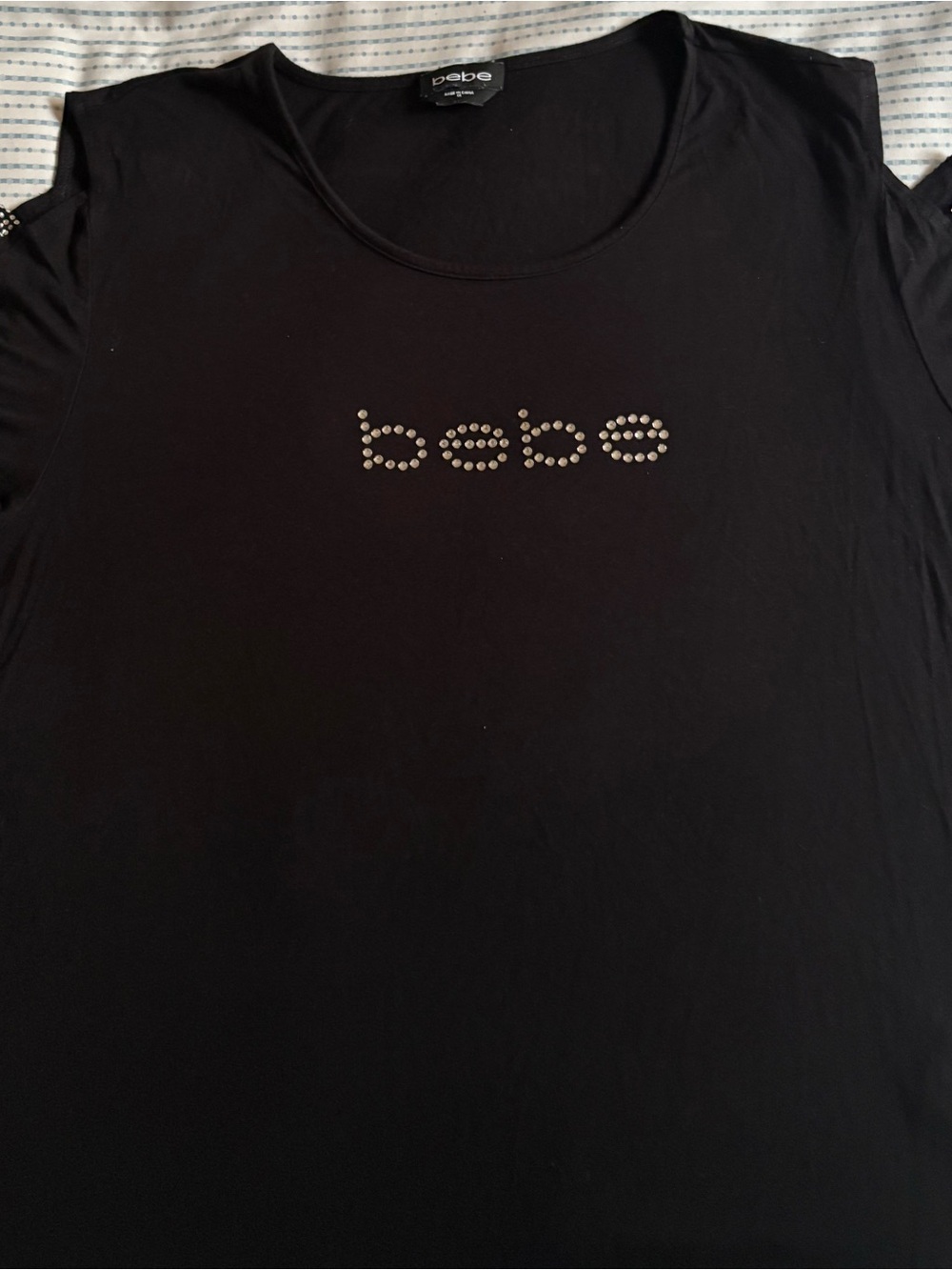 bebe Black Short-Sleeve Tee with Studded Cold-Shoulder Straps, size xl.